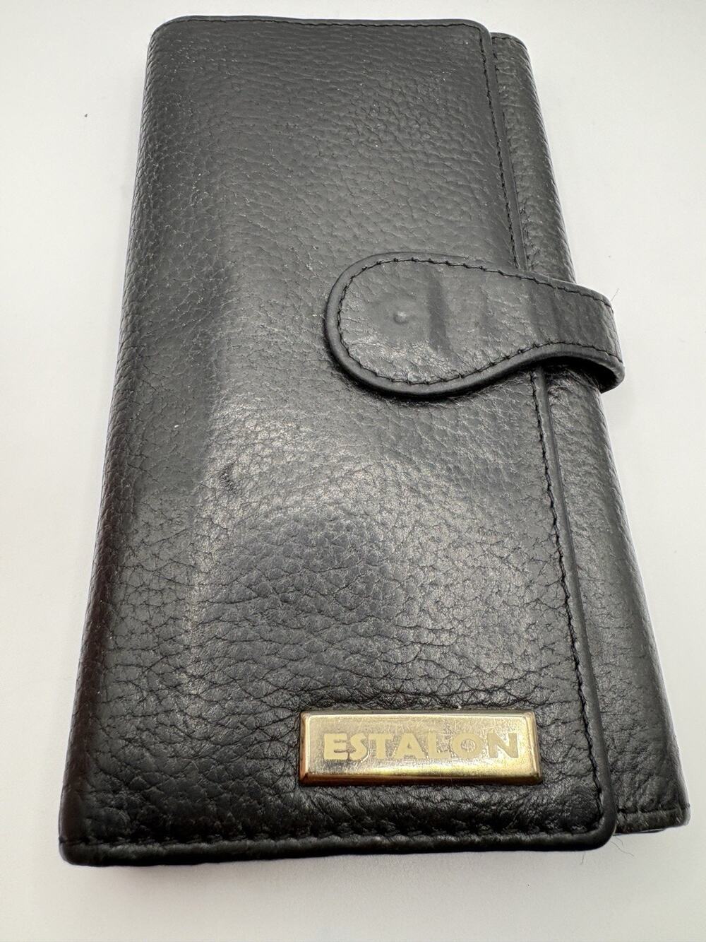 ESTALON Pebbled Leather Trifold Wallet Black 14 Card Snaps Five Slots Change Zip